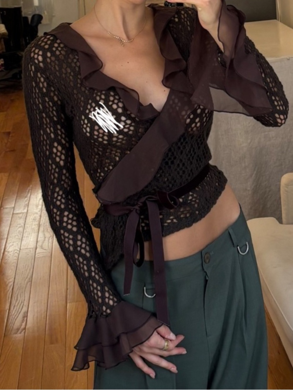 DANA FOLEY NYC Chocolate Brown Crochet Ruffle Wrap Cardigan w/ Velvet Tie